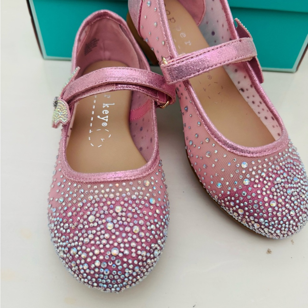Copper Key Pink Rhinestone Mary Jane Flats Toddler Girl Size 1 Butterfly Sparkle